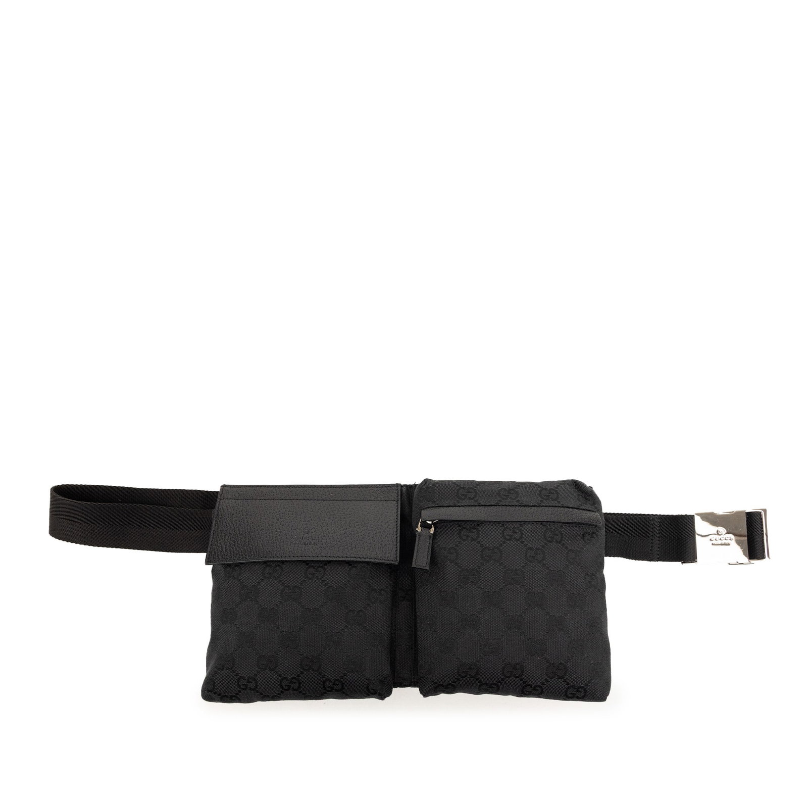 Gucci GG Canvas Waist Bag with Double Front Pockets: Gucci GG Canvas Waist Bag with Double Front Pockets Gucci GG Canvas Double Pocket belt bag in black fabric with a practical hands-free design. This piece features an adjustable waist strap, two exteri