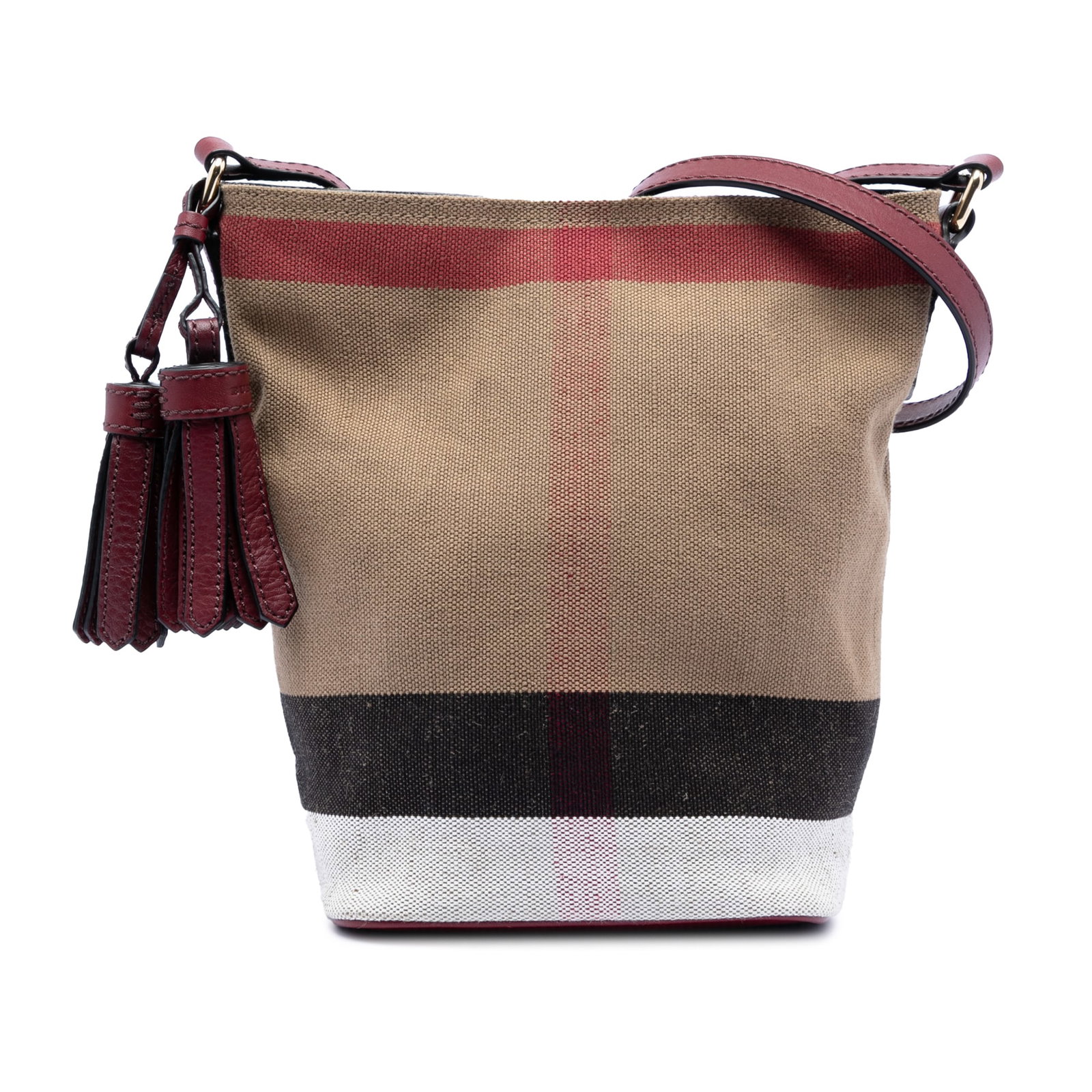 Burberry Mini Ashby Canvas Bucket Bag with Leather Tassel Detail: Burberry Mini Ashby Canvas Bucket Bag with Leather Tassel Detail This Burberry Mini Ashby bucket bag features the signature Mega Check canvas with leather trim and tassel accents. It is designed with 