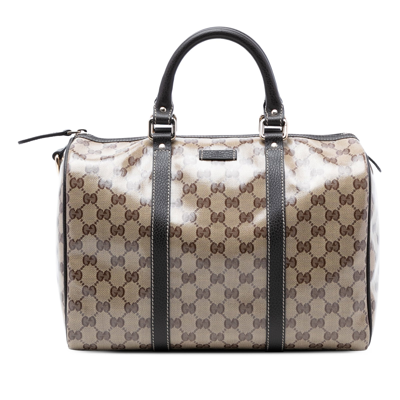 Gucci Joy Boston Medium GG Crystal Beige Coated Canvas Handbag: Gucci Joy Boston Medium GG Crystal Beige Coated Canvas Handbag The Gucci Medium GG Crystal Joy Boston Bag features a beige coated canvas body with leather trim, rolled leather handles, a top zip closu