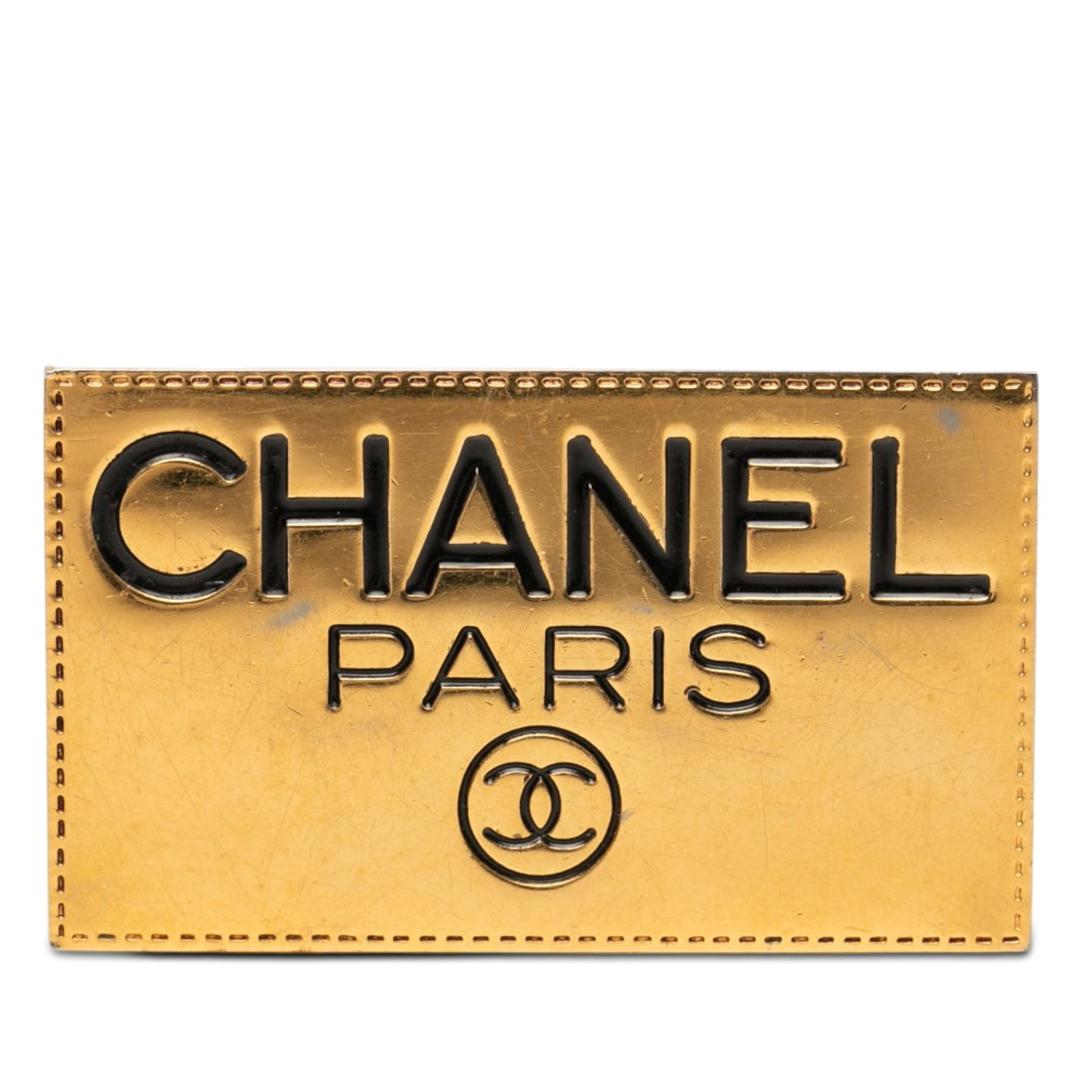 Chanel CC Logo Plate Brooch Gold Tone Metal: Chanel CC Logo Plate Brooch Gold Tone Metal Chanel CC Gold Plated Logo Plate Brooch in gold-tone metal with a back pin closure. It is a costume piece made in France and measures 3.10 cm in length and 