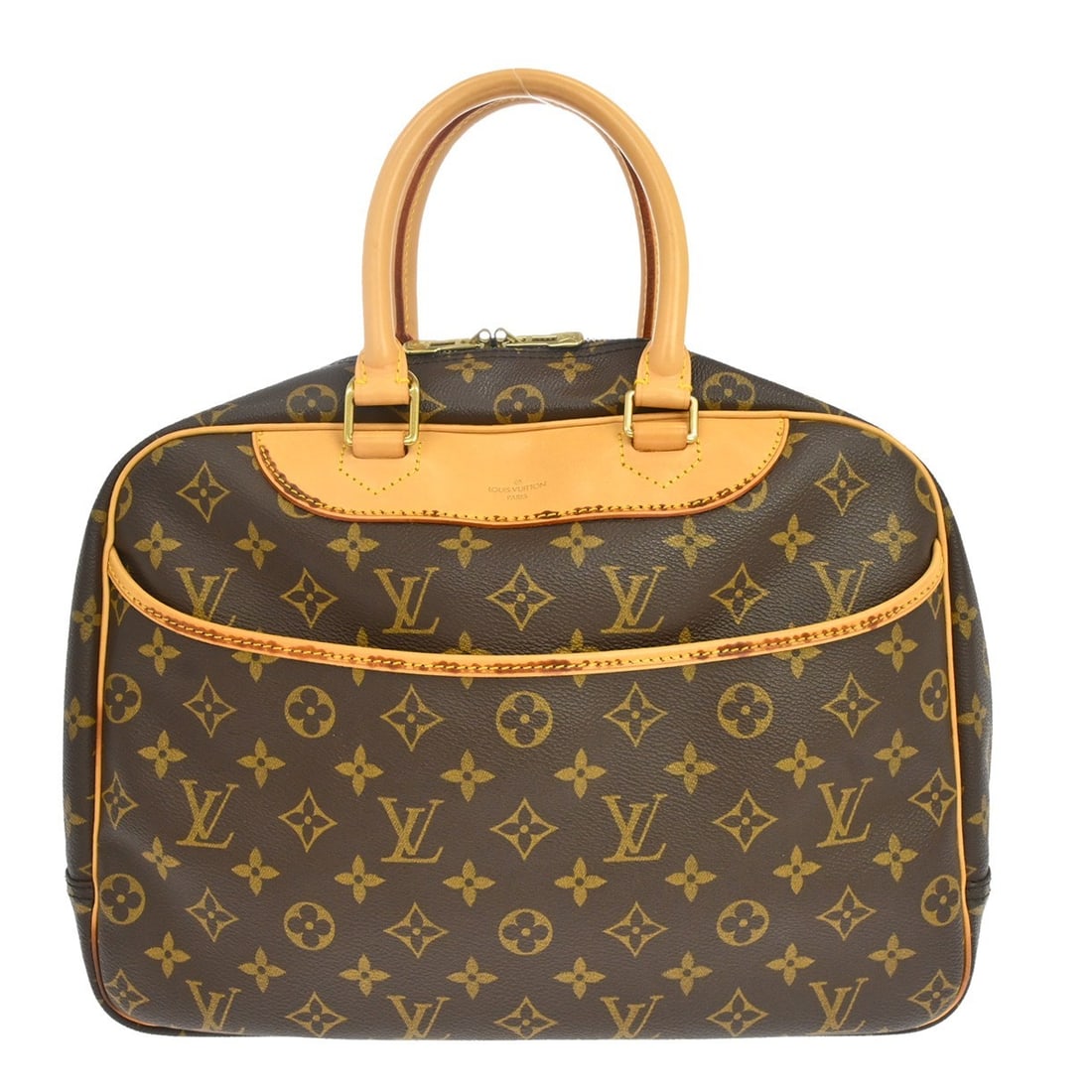 Louis Vuitton Deauville Monogram Canvas Vanity Bag M47270: Louis Vuitton Deauville Monogram Canvas Vanity Bag M47270 Vintage Louis Vuitton Deauville bowling vanity handbag in brown monogram canvas with leather trim and double handles. This medium handbag feat