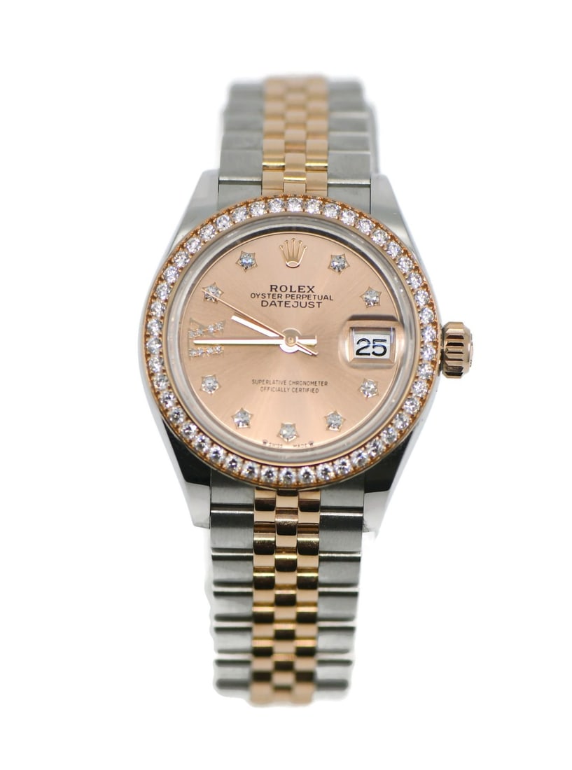 Rolex Datejust 28mm Diamond Bezel Pink Dial Ladies Watch 279381RBR: Rolex Datejust 28mm Diamond Bezel Pink Dial Ladies Watch 279381RBR This Rolex Datejust 28 is a luxury women's wristwatch featuring a 28 mm polished stainless steel case with an 18K diamond-set bezel. 