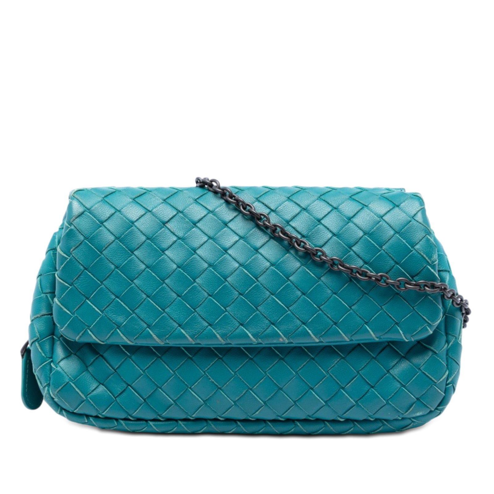 Blue Leather Chain Crossbody Bottega Veneta Mini Nappa Intrecciato: Blue Leather Chain Crossbody Bottega Veneta Mini Nappa Intrecciato Bottega Veneta Mini Nappa Intrecciato Expandable Chain Crossbody in blue woven leather. This crossbody bag features a detachable chai