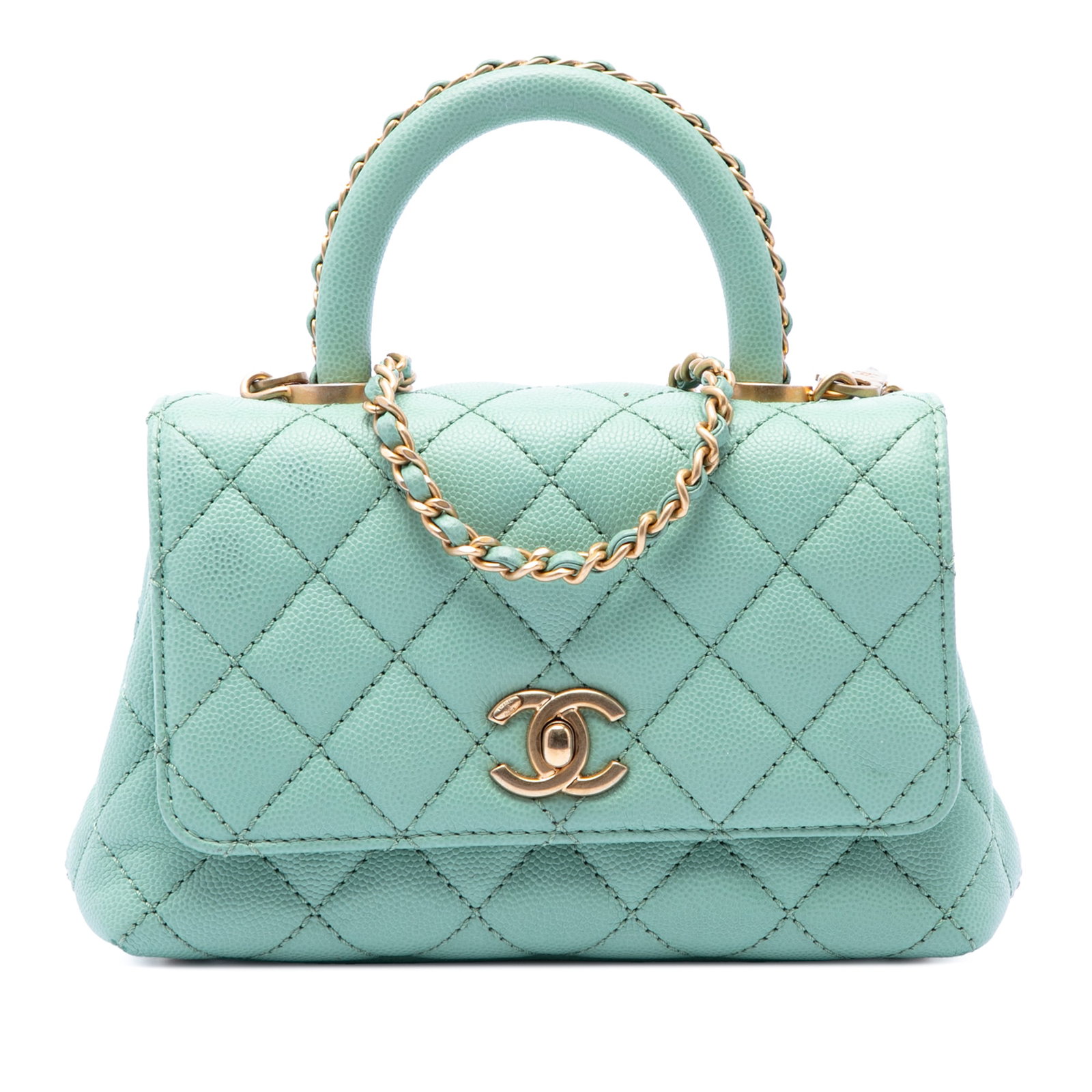 Chanel Coco Top Handle Extra Mini Blue Quilted Caviar Leather Bag: Chanel Coco Top Handle Extra Mini Blue Quilted Caviar Leather Bag This Chanel Extra Mini Quilted Caviar Coco Top Handle Bag is crafted from blue quilted caviar leather and features a rolled leather to