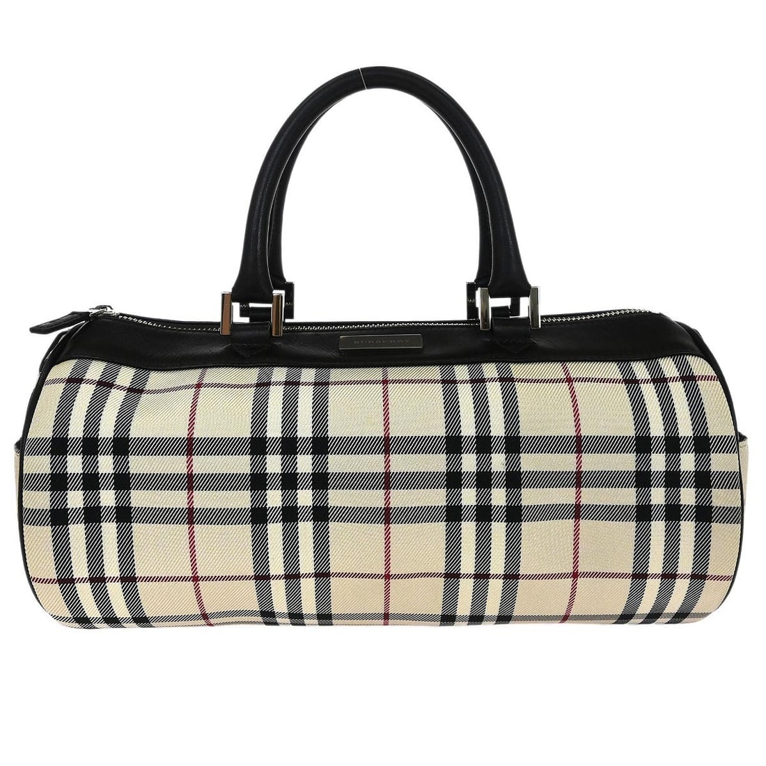 Burberry top handle handbag in beige brown check canvas leather: Burberry top handle handbag in beige brown check canvas leather Burberry check handbag in beige and brown with a structured top handle design and double handles. The bag features a canvas and leather 