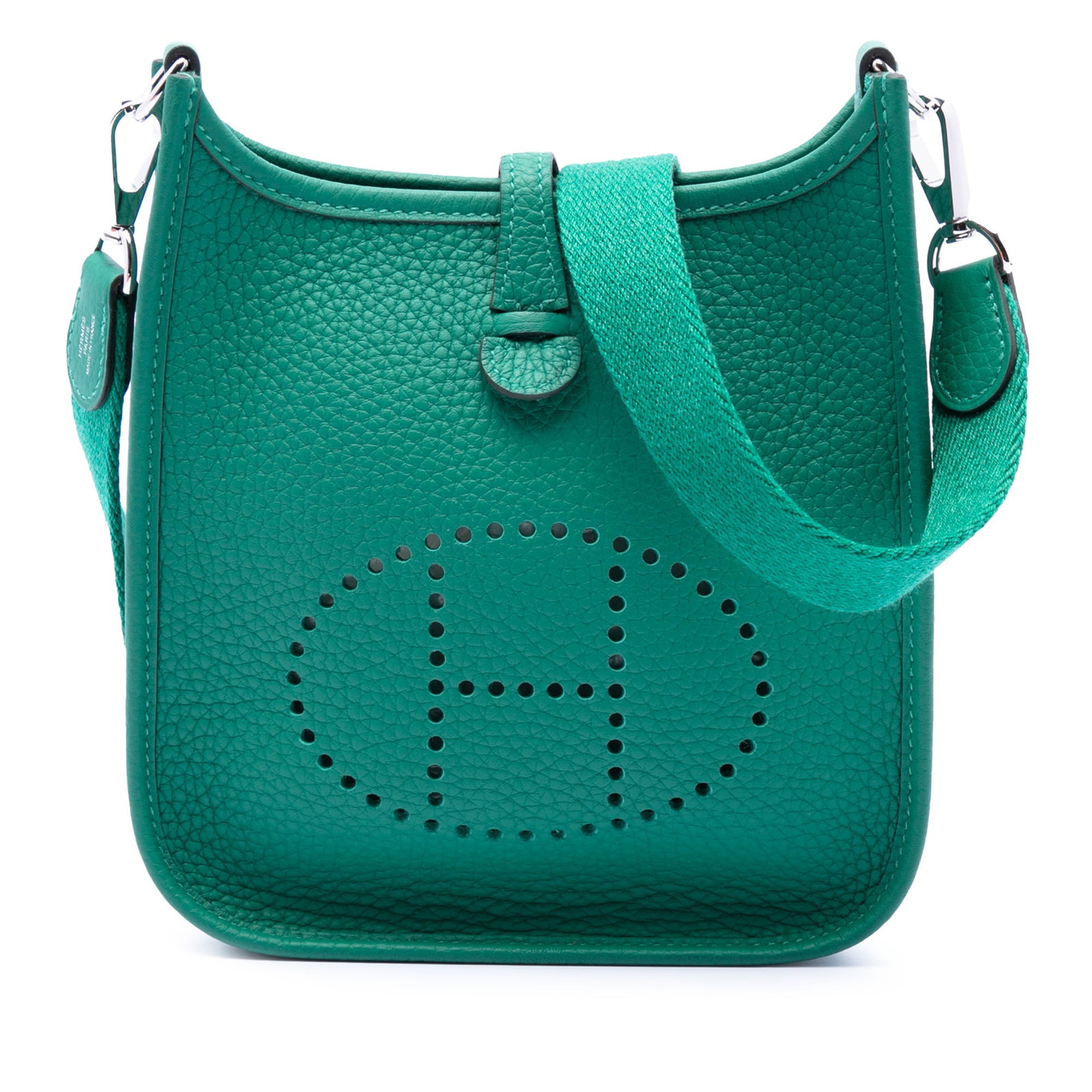 Hermes Evelyne I TPM Taurillon Clemence Leather Shoulder Bag: Hermes Evelyne I TPM Taurillon Clemence Leather Shoulder Bag Hermes Evelyne I TPM in Vert Vertigo Taurillon Clemence leather. This shoulder bag features a flat canvas shoulder strap and an open top wi