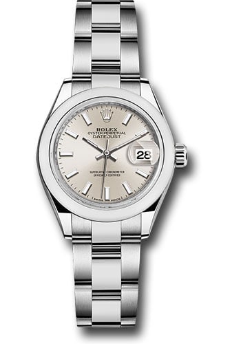 Datejust Lady Rolex Ref 279160 Silver Index Dial Oyster Bracelet: Datejust Lady Rolex Ref 279160 Silver Index Dial Oyster Bracelet This Rolex Datejust Lady features a silver index dial and a smooth bezel, paired with an Oyster bracelet. Designed specifically for lad