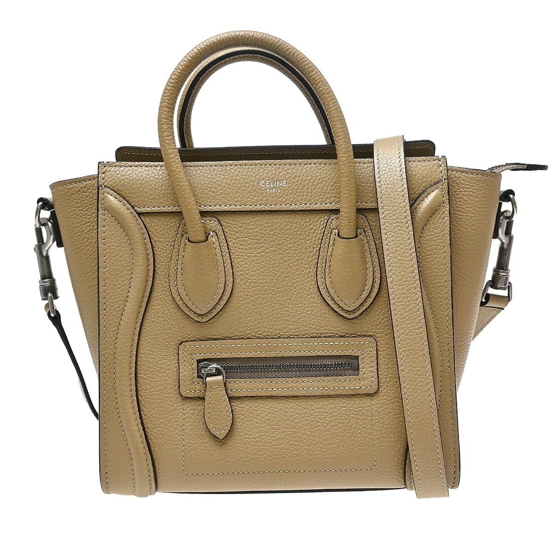 Celine Nano Luggage Beige Leather 2way Tote with Shoulder Strap: Celine Nano Luggage Beige Leather 2way Tote with Shoulder Strap Beige Celine Nano Luggage 2way tote bag in leather, made in Italy. It features one outside zipper pocket, one inside pocket, and comes w