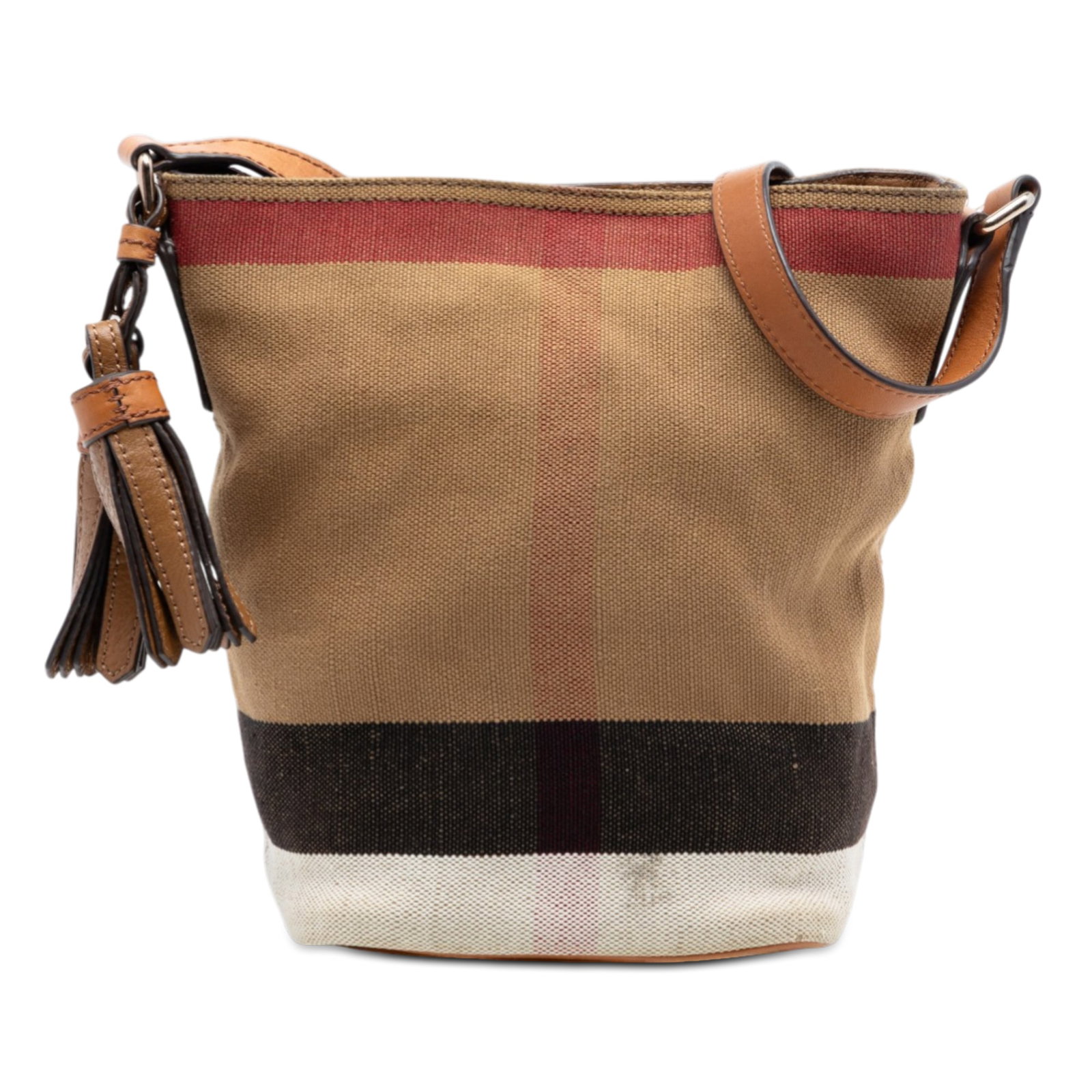Burberry Ashby Mini Check Canvas Bucket Bag: Burberry Ashby Mini Check Canvas Bucket Bag This Burberry Mini Mega Check Canvas Ashby Tassel Bucket Bag features a distinctive canvas body with leather trim and tassel accents. It is designed with an