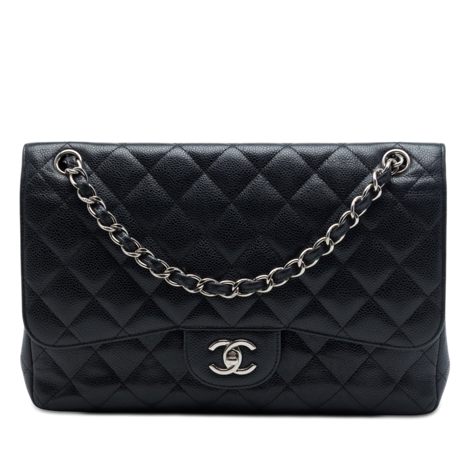 Chanel Jumbo Classic Double Flap Shoulder Bag Black Caviar Leather: Chanel Jumbo Classic Double Flap Shoulder Bag Black Caviar Leather A Chanel Jumbo Classic Caviar Double Flap shoulder bag in black, crafted from quilted caviar leather with leather-woven chain straps.