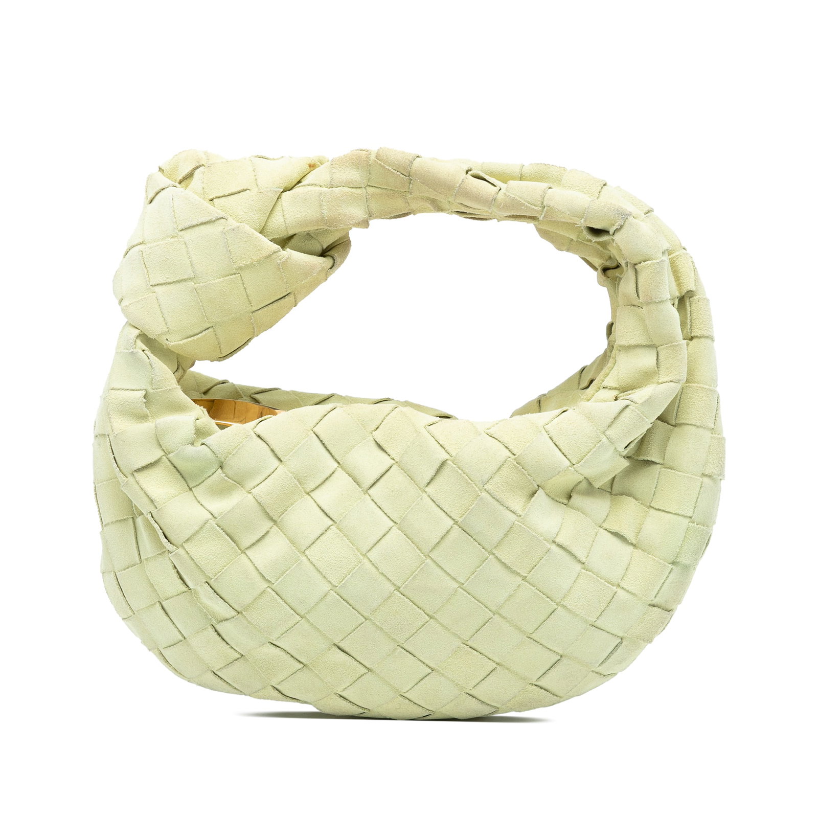 Bottega Veneta Mini Jodie Yellow Woven Suede Leather Bag: Bottega Veneta Mini Jodie Yellow Woven Suede Leather Bag The Mini Intrecciato Jodie features a woven suede leather body, a knotted woven leather handle, and a top zip closure. This compact bag is craf