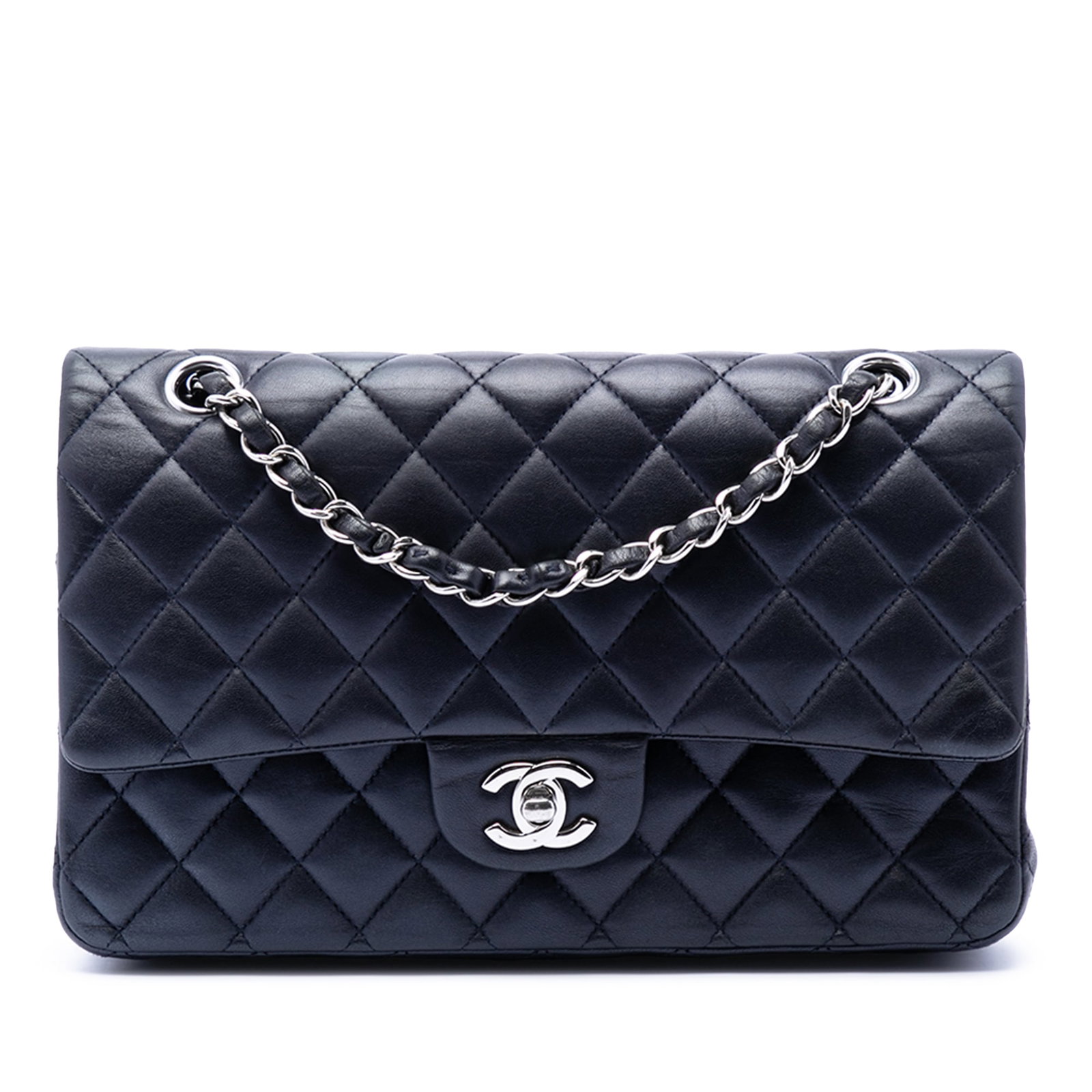 Chanel blue lambskin medium classic flap shoulder bag: Chanel blue lambskin medium classic flap shoulder bag This Chanel Medium Classic Lambskin Double Flap shoulder bag features a quilted lambskin leather body in blue, complemented by leather-woven chain