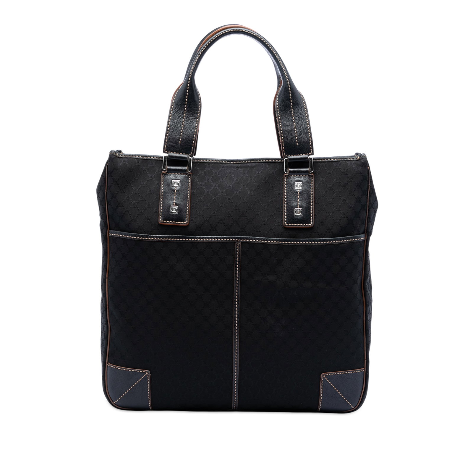 Celine Macadam Black Canvas Tote Bag with Leather Trim: Celine Macadam Black Canvas Tote Bag with Leather Trim This Celine Macadam Canvas Tote features a black canvas body with leather trim, flat leather handles, an open top with a magnetic closure, and in