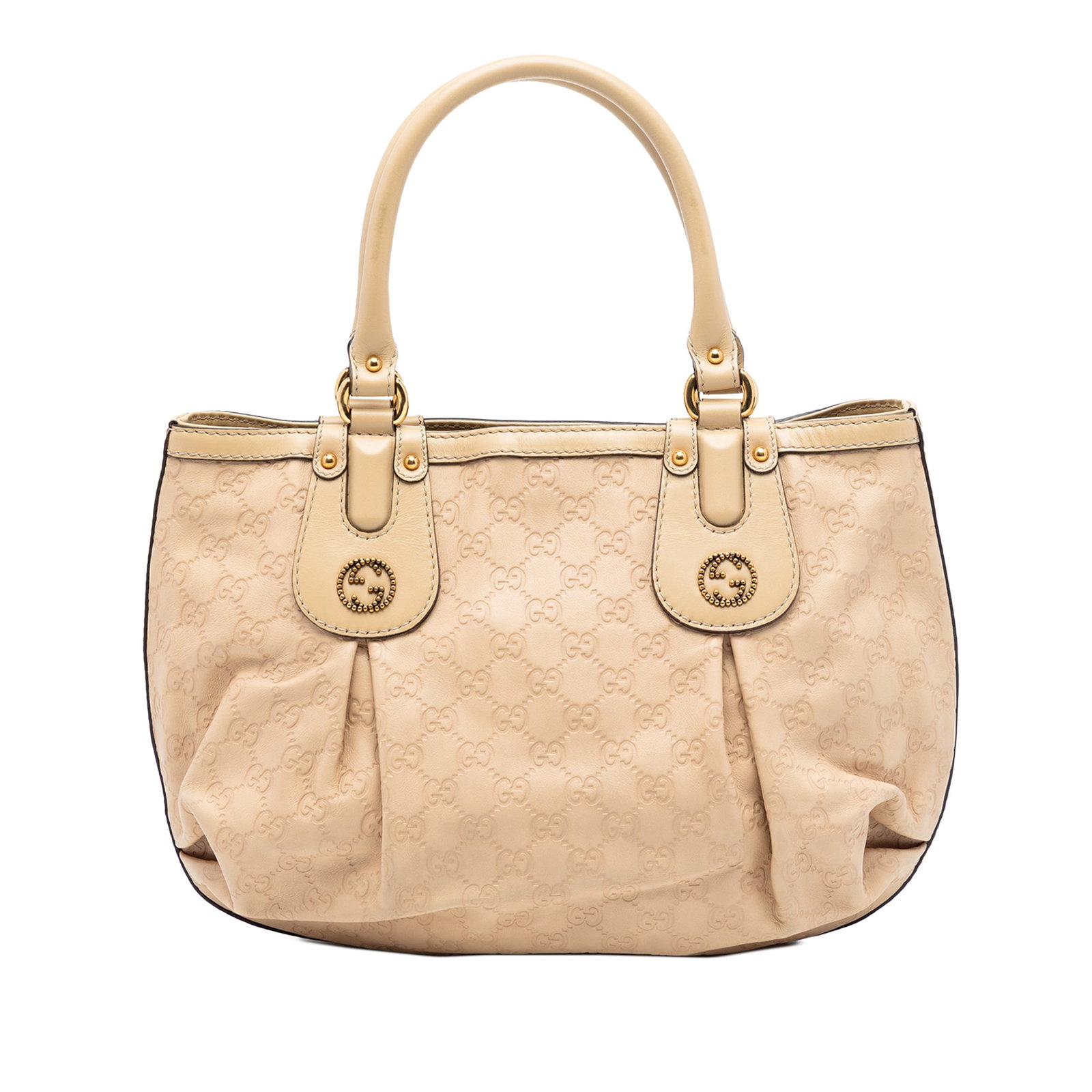 Gucci Guccissima Scarlett Beige Leather Tote Bag with Magnetic Closure: Gucci Guccissima Scarlett Beige Leather Tote Bag with Magnetic Closure The Scarlett tote bag features a beige leather exterior with rolled leather handles and an open top secured by a magnetic snap cl