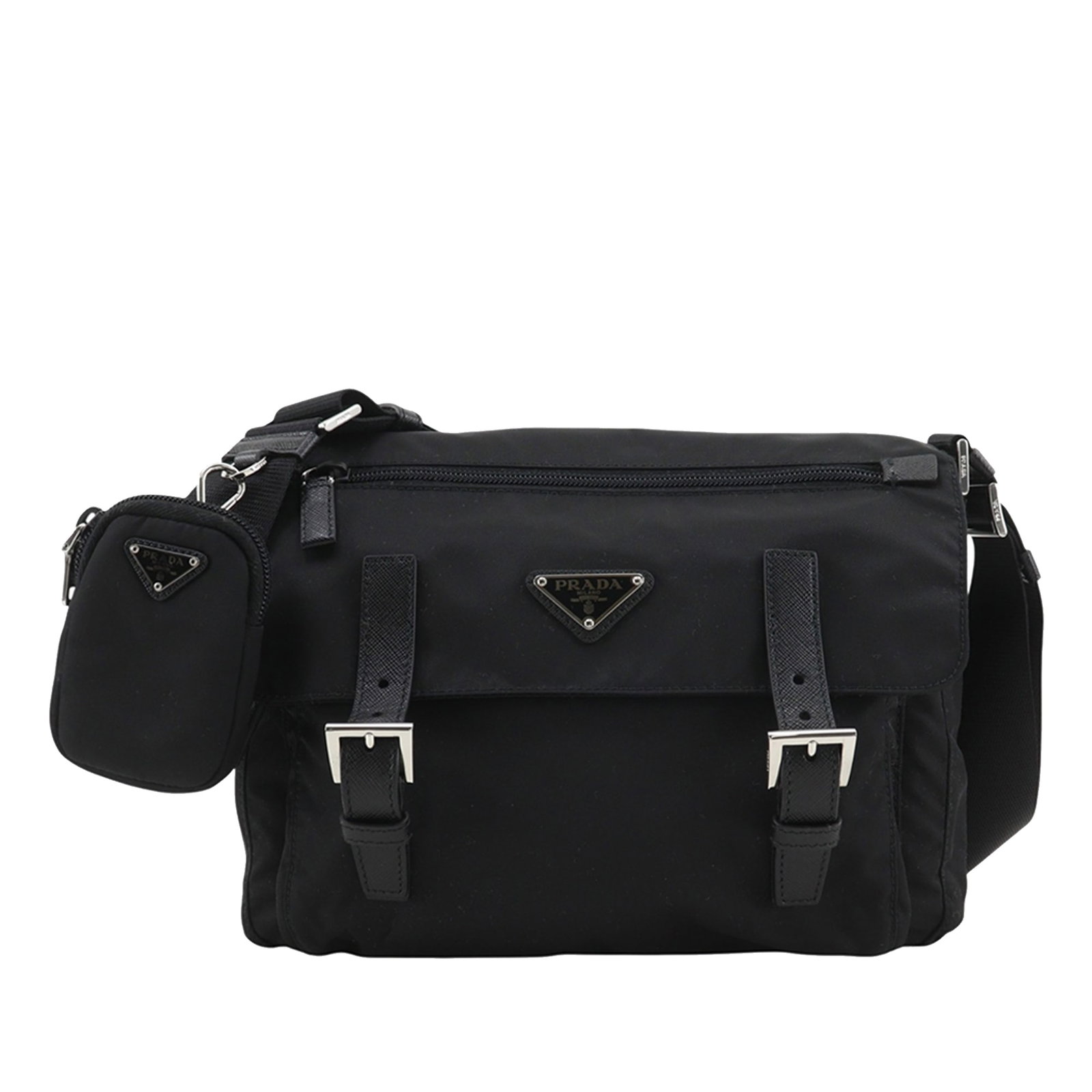 Prada Re Nylon Messenger Bag with Saffiano Trim and Buckle Flap: Prada Re Nylon Messenger Bag with Saffiano Trim and Buckle Flap Prada messenger bag crafted with a nylon body and saffiano leather trim. This crossbody style features an adjustable strap, a front flap