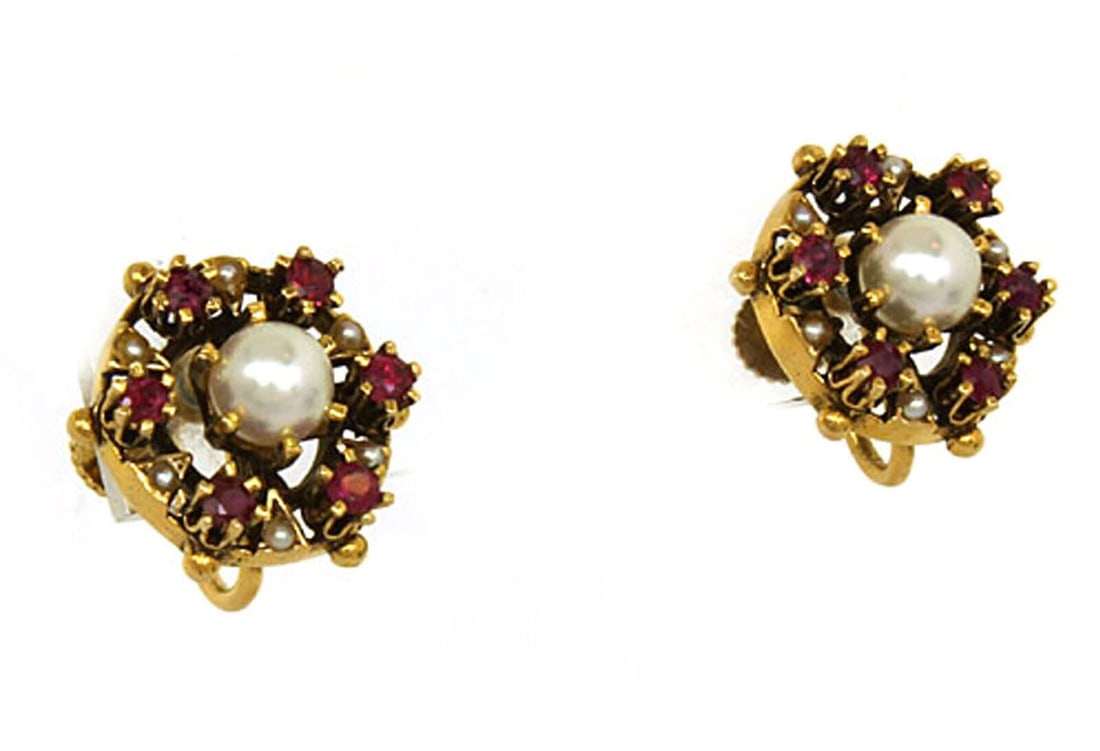 14k Yellow Gold Floral Huggie Earrings with Pearls and Rubies (1 of 3)