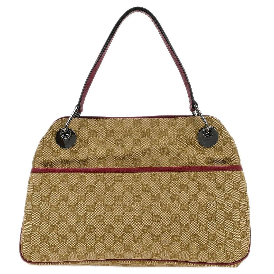 Gucci GG Beige Canvas and Leather Hobo Bag Medium: Gucci GG Beige Canvas and Leather Hobo Bag Medium This Gucci handbag features the GG pattern in beige canvas and leather, with a Bordeaux lining. It is a vintage women's top handle bag made in Italy a