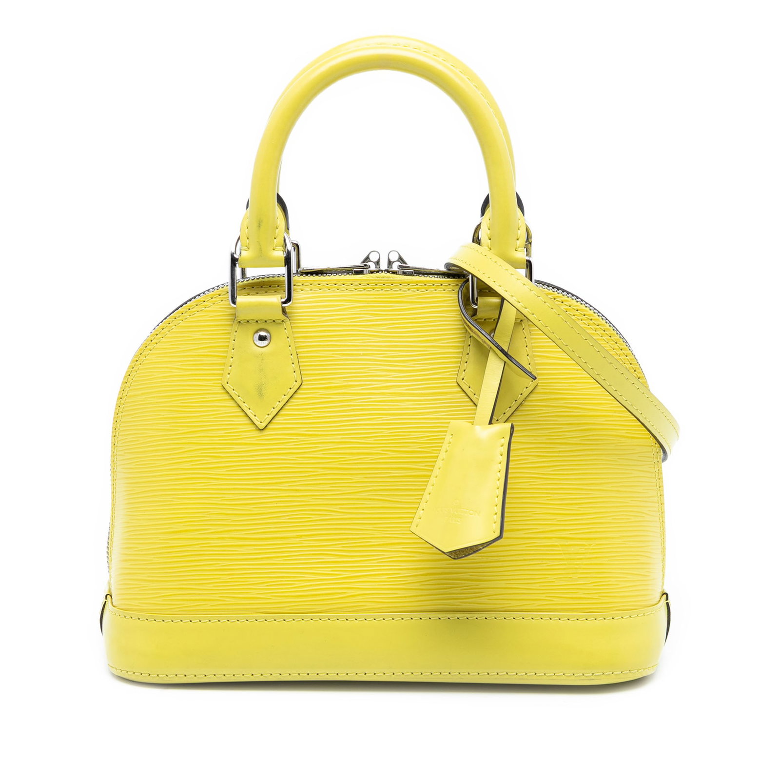 Yellow Epi Leather Alma BB Handbag by Louis Vuitton with Strap: Yellow Epi Leather Alma BB Handbag by Louis Vuitton with Strap This Louis Vuitton Epi Alma BB features a structured silhouette crafted from yellow epi leather. It includes rolled leather top handles, 