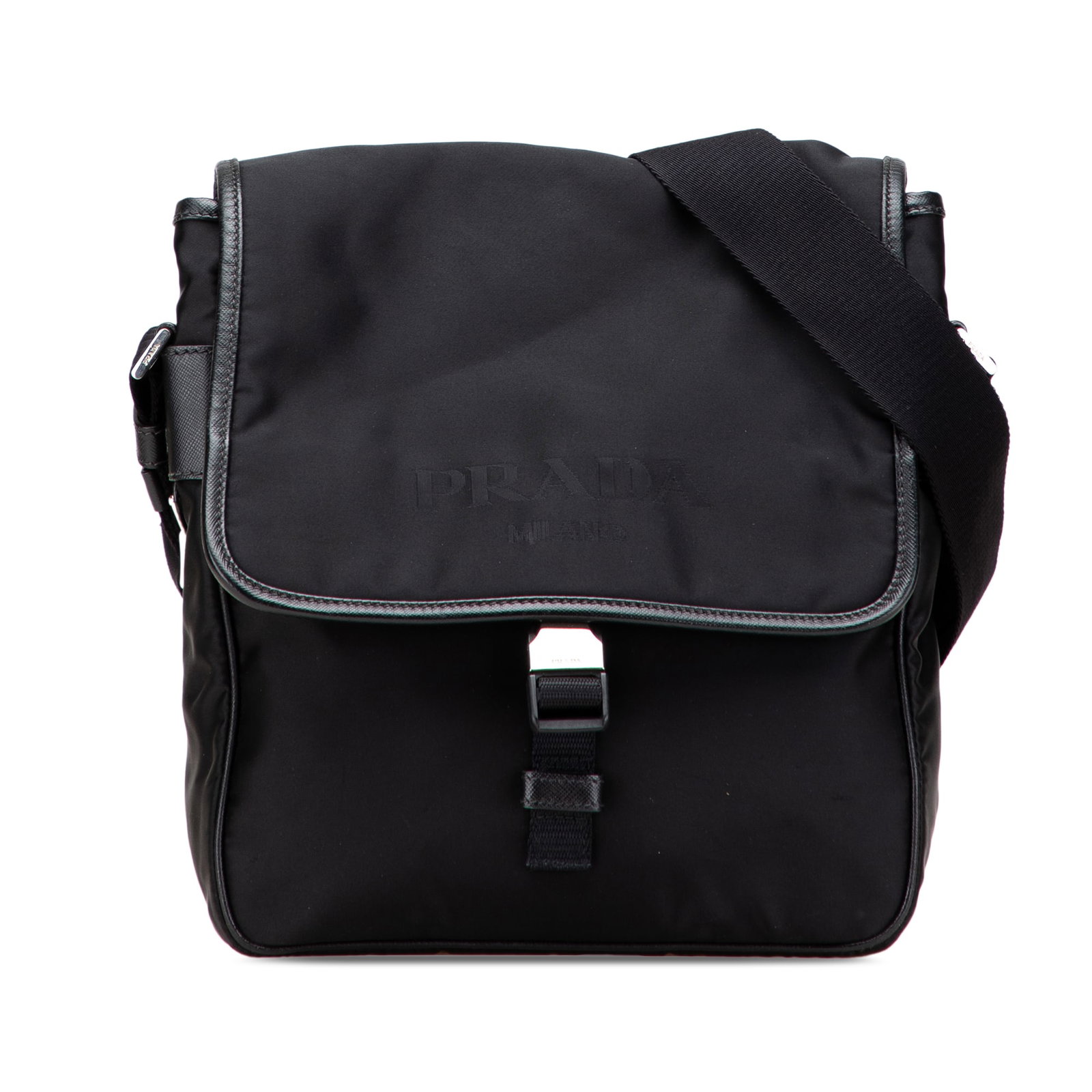 Prada Tessuto Buckle Black Nylon Crossbody Bag: Prada Tessuto Buckle Black Nylon Crossbody Bag The Prada Tessuto Buckle Messenger Bag is a stylish crossbody bag crafted from durable nylon with leather trim. It features an adjustable flat strap for 