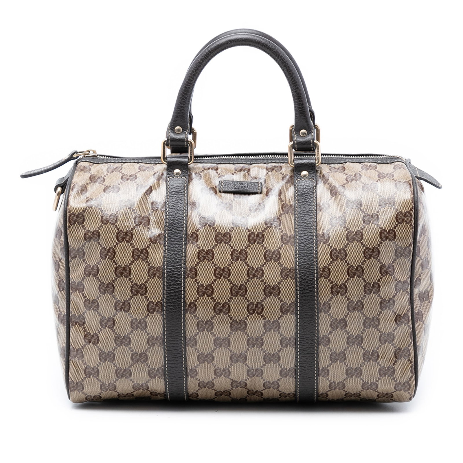 Gucci Joy Boston Medium GG Crystal Coated Canvas Handbag with Leather Trim: Gucci Joy Boston Medium GG Crystal Coated Canvas Handbag with Leather Trim This Gucci Medium GG Crystal Joy Boston Bag features a beige coated canvas body with leather trim, rolled leather handles, a 