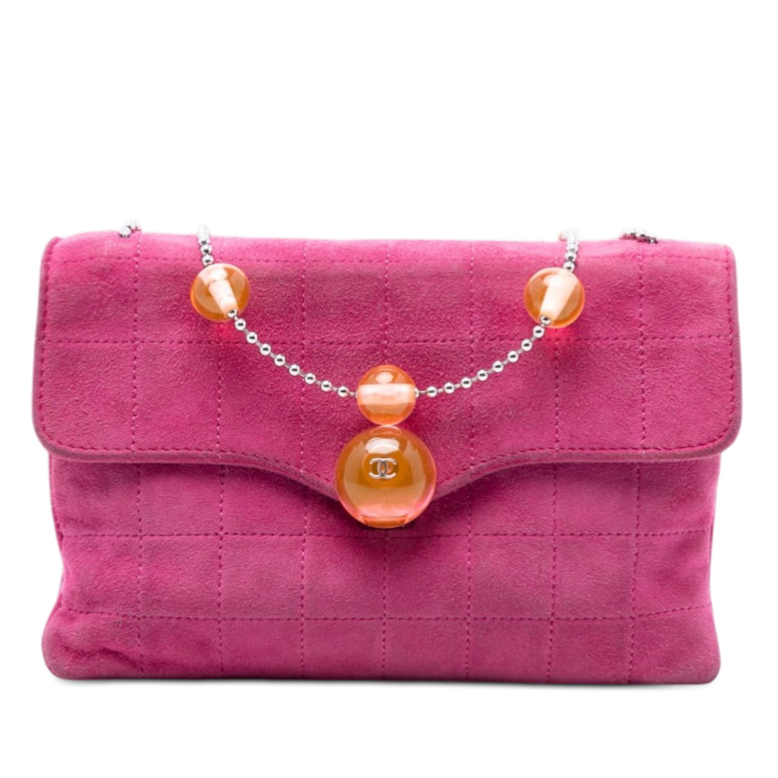 Chanel CC Choco Bar Pink Suede Shoulder Bag with Beaded Chain Strap (1 of 8)