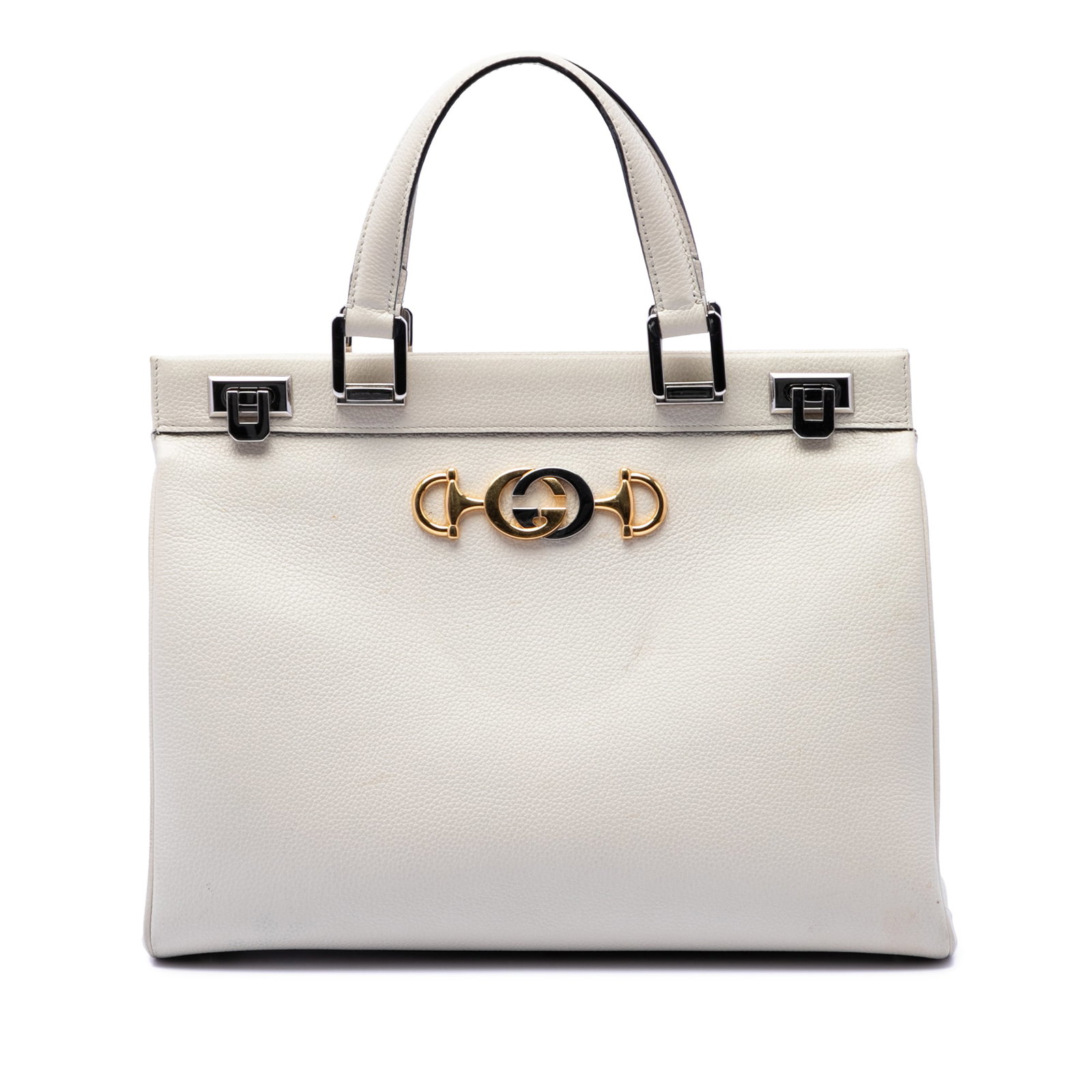 Gucci Zumi white leather top handle satchel: Gucci Zumi white leather top handle satchel This Gucci Medium Calfskin Zumi Top Handle Bag features a white leather body with flat leather handles, a top zip closure, and dual flip lock closures. The 