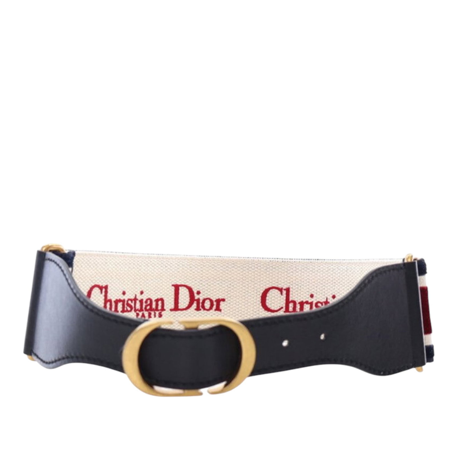 Dior Black Leather Embroidered Canvas Wide Belt Italy (1 of 10)