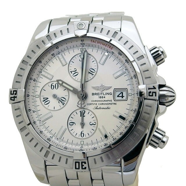 Breitling A13356 Chronomat Evolution mens stainless steel chronograph watch: Breitling A13356 Chronomat Evolution mens stainless steel chronograph watch Pre-owned Breitling Chronomat Evolution men's wristwatch with chronograph and date functions. It features a silver dial with
