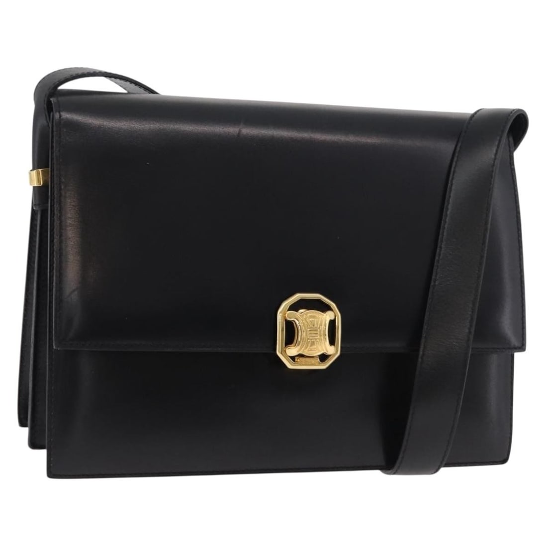 Celine Black Leather Shoulder Bag with Dust Bag Gold Tone: Celine Black Leather Shoulder Bag with Dust Bag Gold Tone Black leather shoulder bag in a black and gold color combination, made in Italy and accompanied by a dust bag. The bag measures approximately 
