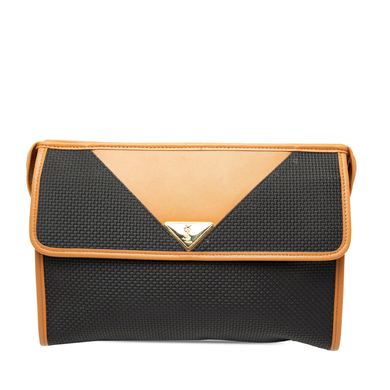 Black Coated Canvas Clutch with Leather Accents by Saint Laurent: Black Coated Canvas Clutch with Leather Accents by Saint Laurent This Saint Laurent clutch bag features a black coated canvas body with leather trim, a top zip closure, an exterior slip pocket with a 