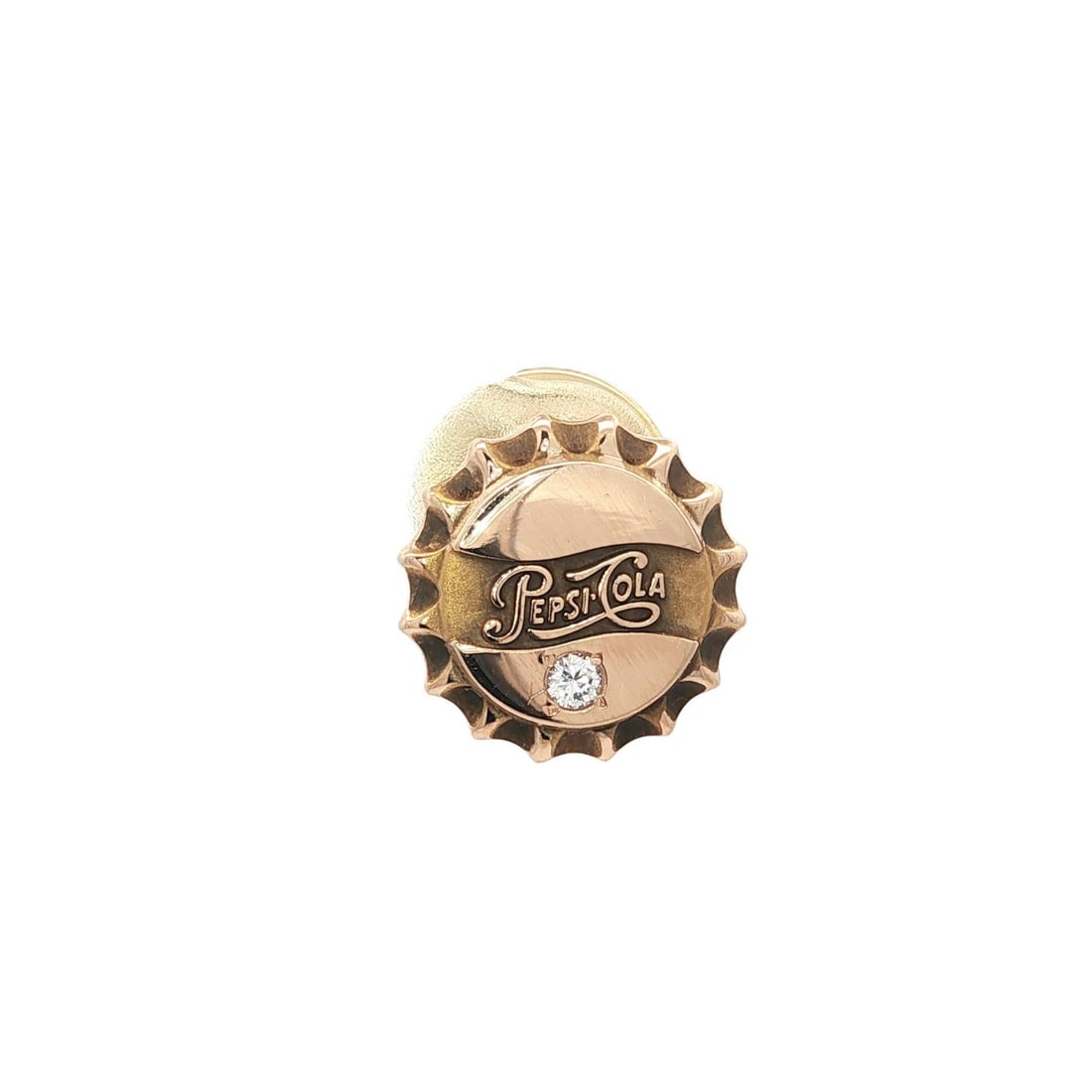 10K Yellow Gold Diamond Tie Tac with Pepsi Cola Bottle Cap Design: 10K Yellow Gold Diamond Tie Tac with Pepsi Cola Bottle Cap Design This vintage collectible tie tac features a Pepsi Cola bottle cap design crafted in solid 10K yellow gold. It is adorned with two natu