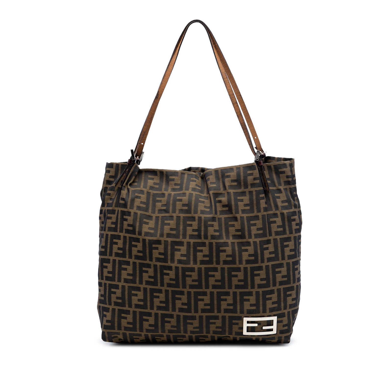 Fendi Zucca Brown Canvas Tote Bag: Fendi Zucca Brown Canvas Tote Bag This Fendi Zucca Canvas Tote features a durable canvas body with the iconic Zucca pattern, complemented by flat leather straps for comfortable carrying. The bag has a