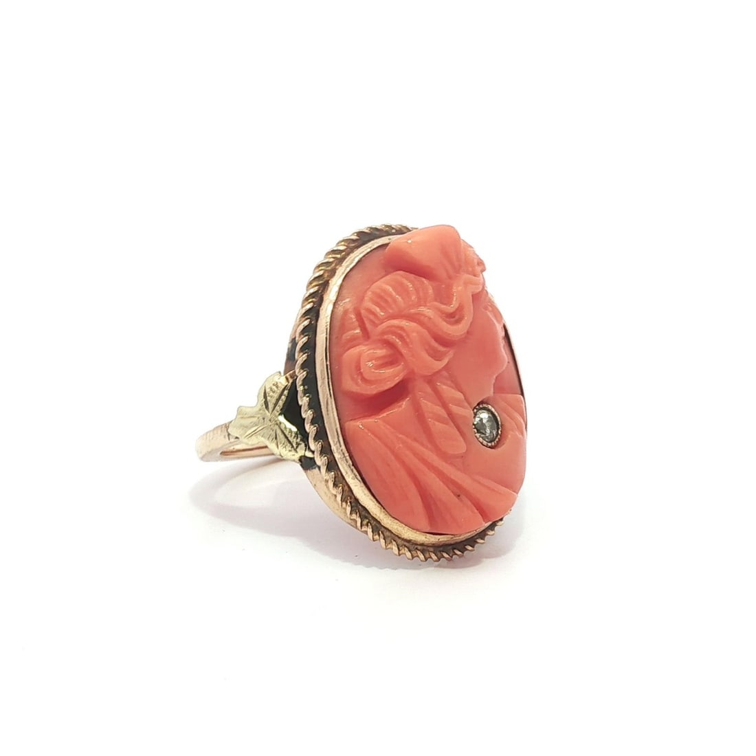 Antique 14k Yellow Gold Coral Cameo Diamond Cocktail Ring (1 of 12)