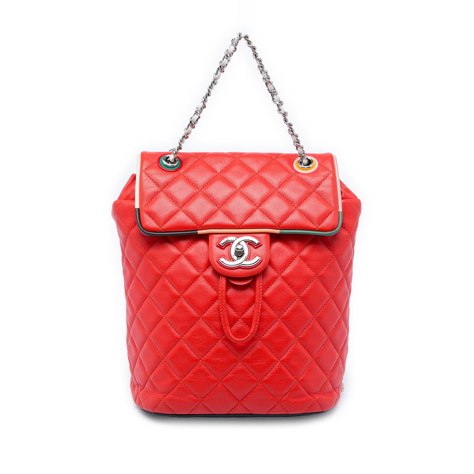 Chanel Urban Spirit Small Red Lambskin Backpack: Chanel Urban Spirit Small Red Lambskin Backpack This Chanel Urban Spirit backpack is crafted in quilted lambskin leather and presented in a red Cuba color. It features a leather-woven chain top handle