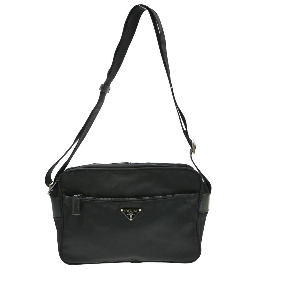 Prada Nylon Shoulder Bag Black with Brown Strap Medium: Prada Nylon Shoulder Bag Black with Brown Strap Medium Prada shoulder bag in black nylon with brown leather strap and trim. Made in Italy, this medium bag features a practical zip pocket on the exteri