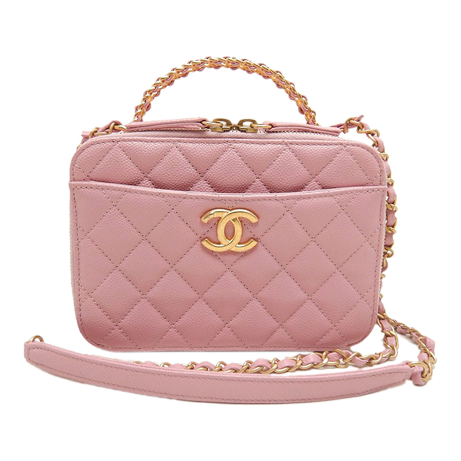 Chanel Pick Me Up Small Vanity Case Quilted Pink Caviar Leather: Chanel Pick Me Up Small Vanity Case Quilted Pink Caviar Leather A Chanel Small Quilted Caviar Pick Me Up Vanity Case in pink, crafted from quilted caviar leather with a leather woven chain top handle 