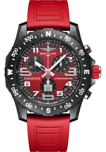 Breitling Endurance Pro Red Dial Rubber Strap Watch Ref X823109A1K1S1: Breitling Endurance Pro Red Dial Rubber Strap Watch Ref X823109A1K1S1 This Breitling Endurance Pro features a striking red dial complemented by a durable rubber strap. The watch includes a rotating be