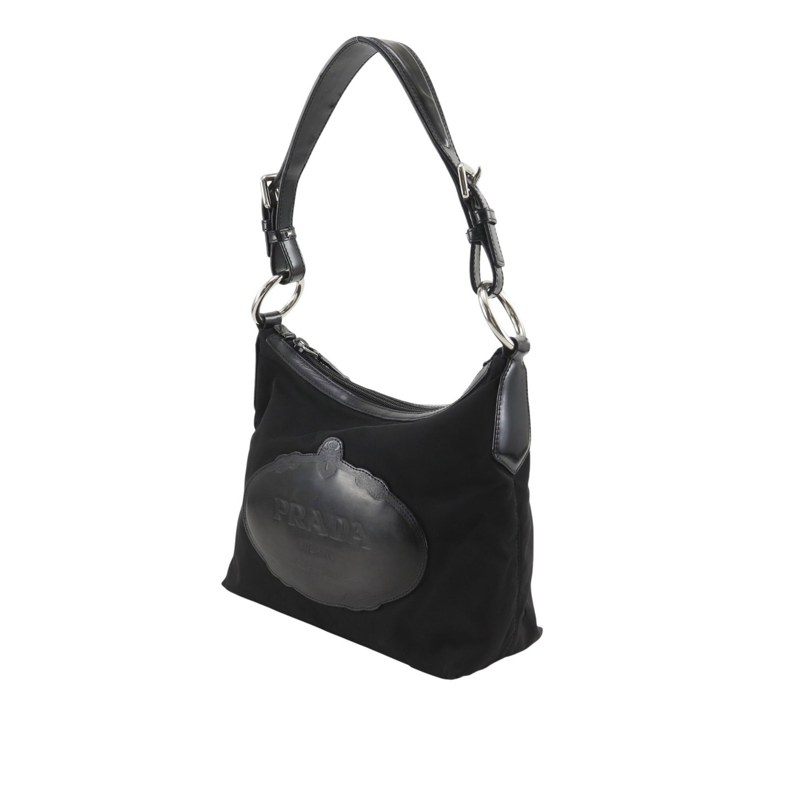 Prada Canapa Tessuto Nylon Shoulder Bag Black: Prada Canapa Tessuto Nylon Shoulder Bag Black Prada Canapa Logo Tessuto Shoulder Bag in black, made in Italy. It features a nylon body with a flat leather strap, top zip closure, and an interior zip p