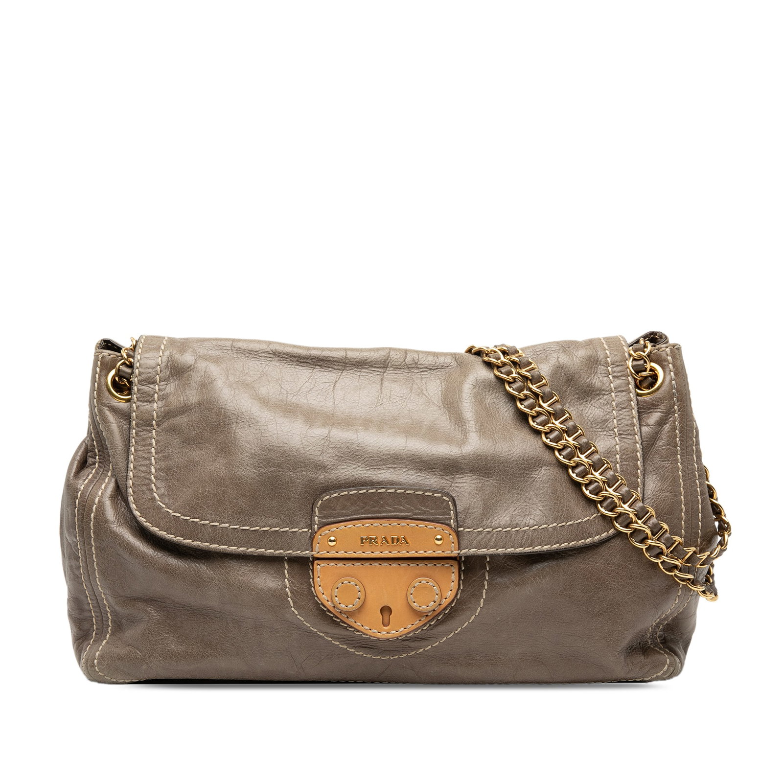 Prada Vitello Shine Leather Shoulder Bag with Push Lock Flap: Prada Vitello Shine Leather Shoulder Bag with Push Lock Flap This Prada Vitello Shine Push Lock Flap Shoulder Bag features a brown leather body with a gold-tone leather woven chain link strap. It is d