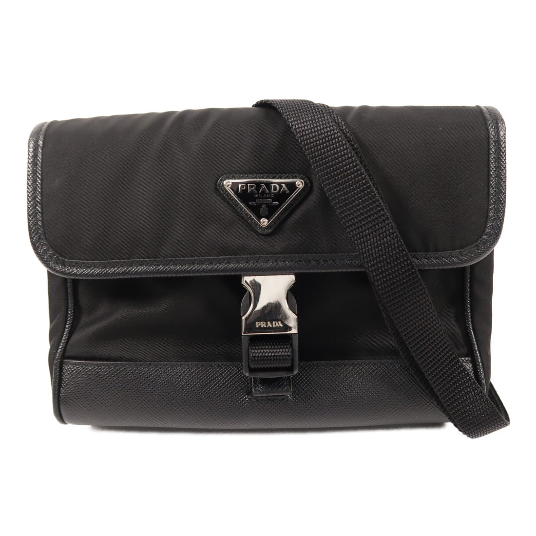 PRADA Nylon Phone Shoulder Bag Black with Strap: PRADA Nylon Phone Shoulder Bag Black with Strap PRADA SHW Phone Bag Shoulder Bag in black nylon. It features a flap closure, one outside card pocket, one inside card pocket, and comes with a shoulder 
