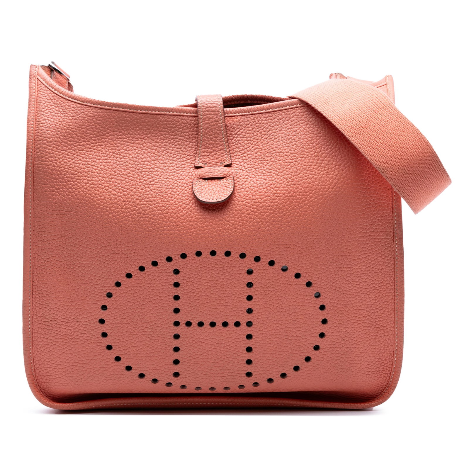 Hermes Clemence Evelyne III 29 Pink Leather Bag: Hermes Clemence Evelyne III 29 Pink Leather Bag Introducing the Hermes Clemence Evelyne III 29, a stunning handbag crafted from luxurious Clemence leather in a delightful Crevette (pink) color. This c
