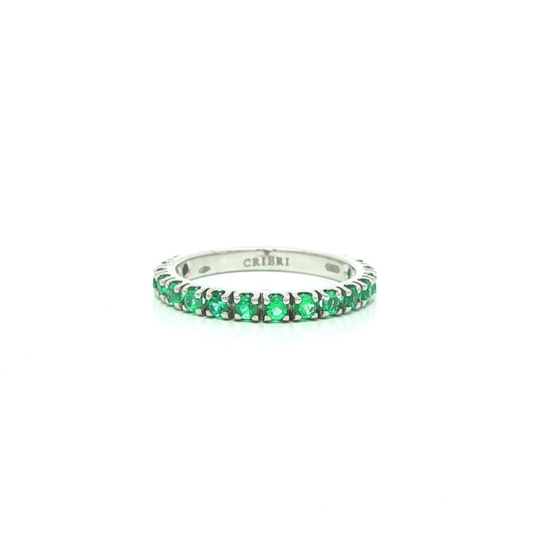18k White Gold Emerald Eternity Band Ring Size 6: 18k White Gold Emerald Eternity Band Ring Size 6 This unbranded eternity band ring features numerous natural round brilliant-cut emeralds in a vibrant green hue, pave set in a continuous design. Craft