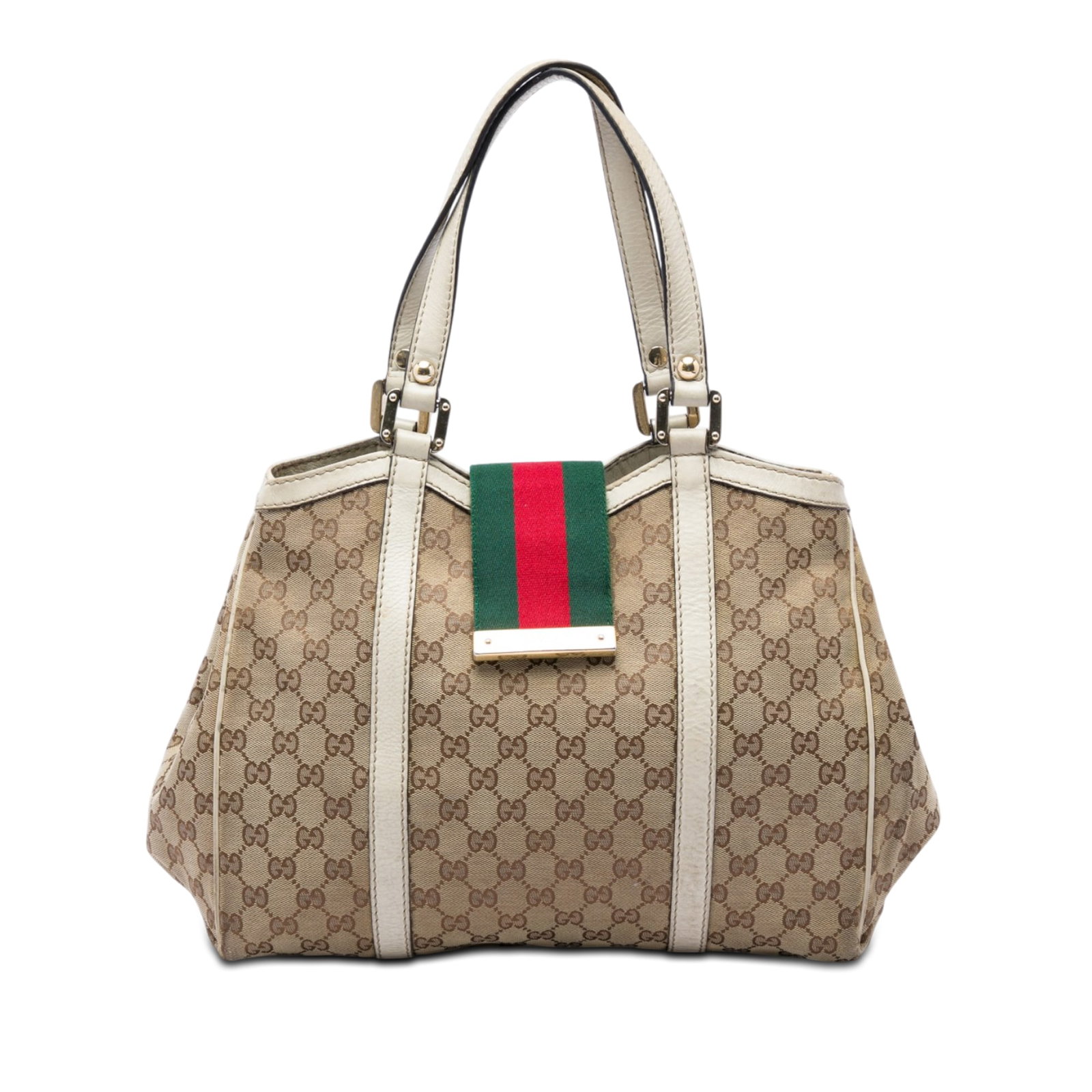 Gucci New Ladies Tote GG Canvas Beige Web Shoulder Bag: Gucci New Ladies Tote GG Canvas Beige Web Shoulder Bag Gucci GG Canvas Web New Ladies Tote bag made in Italy. It features a canvas body with leather trim, flat leather straps, an open top with web str