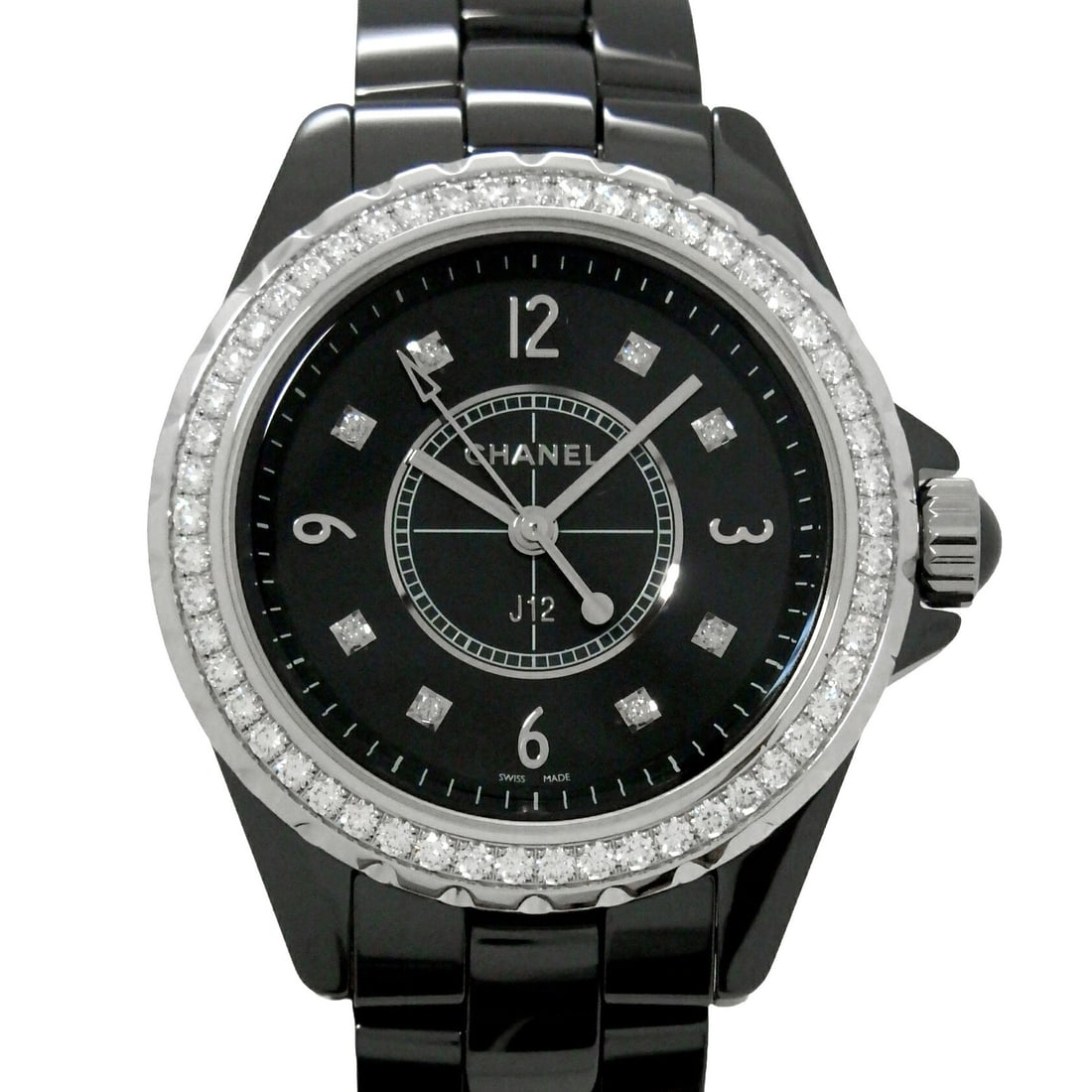 Chanel H3108 J12 Ladies Wristwatch Black Dial Diamond Bezel 8 Diamond Markers: Chanel H3108 J12 Ladies Wristwatch Black Dial Diamond Bezel 8 Diamond Markers Chanel J12 ladies wristwatch, model H3108, with a black dial and diamond bezel featuring 8 diamonds. It is a pre-owned Swi