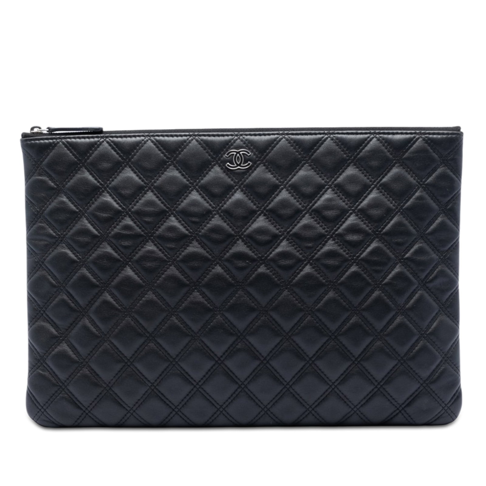 Chanel O Case Large Black Quilted Lambskin Zip Clutch: Chanel O Case Large Black Quilted Lambskin Zip Clutch A Chanel O Case clutch crafted in black quilted lambskin leather with double-stitch detailing and a top zip closure. This piece is made in Italy a