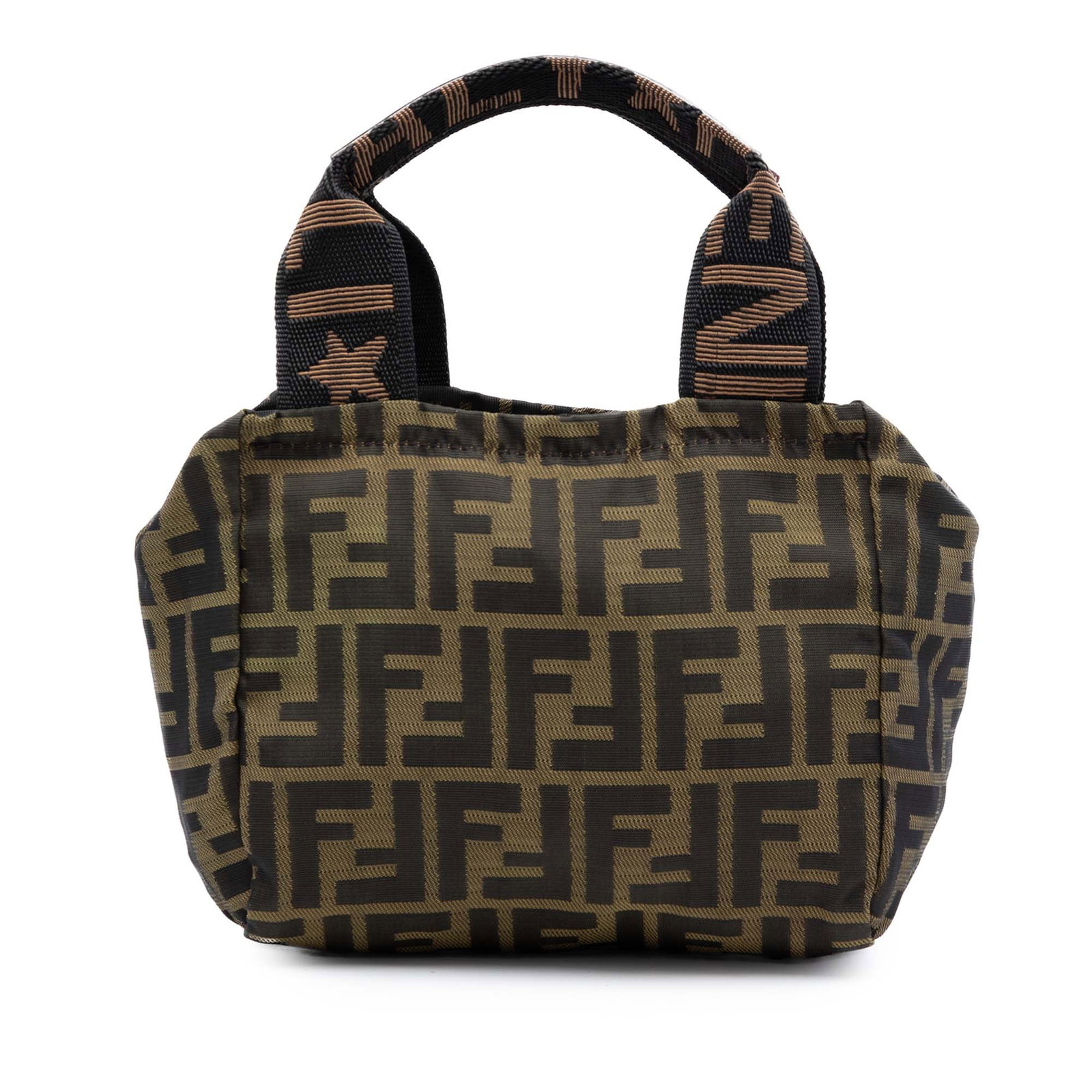 Fendi Mini Zucca Brown Canvas Top Zip Bag: Fendi Mini Zucca Brown Canvas Top Zip Bag This Fendi Mini Zucca Canvas Handbag features a brown canvas body with the iconic Zucca pattern, flat handles, and a secure top zip closure. Made in Italy, th