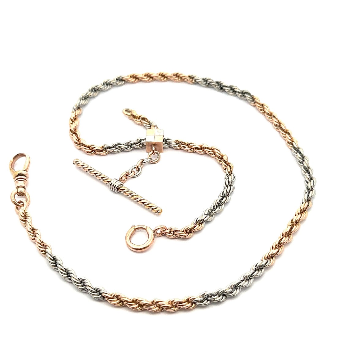 Vintage 12k Rose Gold Platinum Rope Watch Chain Necklace 16.5 Inch: Vintage 12k Rose Gold Platinum Rope Watch Chain Necklace 16.5 Inch This vintage-inspired rope link watch chain necklace features a stunning combination of solid 12k-14k rose gold and platinum. The nec