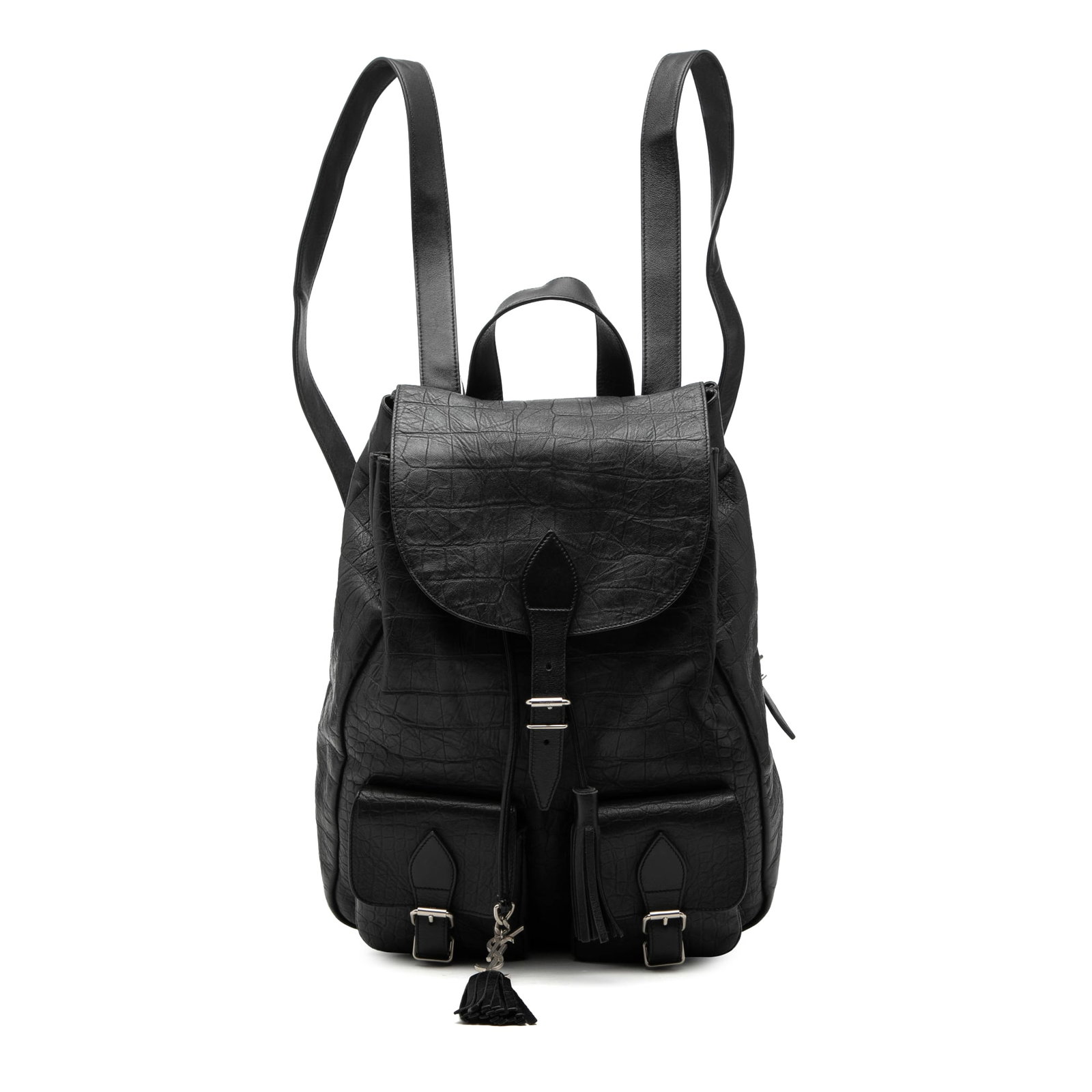 Saint Laurent black croc embossed leather festival backpack: Saint Laurent black croc embossed leather festival backpack This Saint Laurent Festival backpack is crafted from croc-embossed leather in black and features a flat leather top handle, adjustable back 
