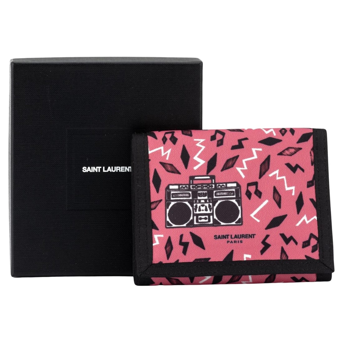 Yves Saint Laurent Pink Boombox Canvas Wallet with Box: Yves Saint Laurent Pink Boombox Canvas Wallet with Box Introducing the YSL New Pink Boombox Canvas Wallet, a stylish and functional accessory that embodies the chic essence of Yves Saint Laurent. This