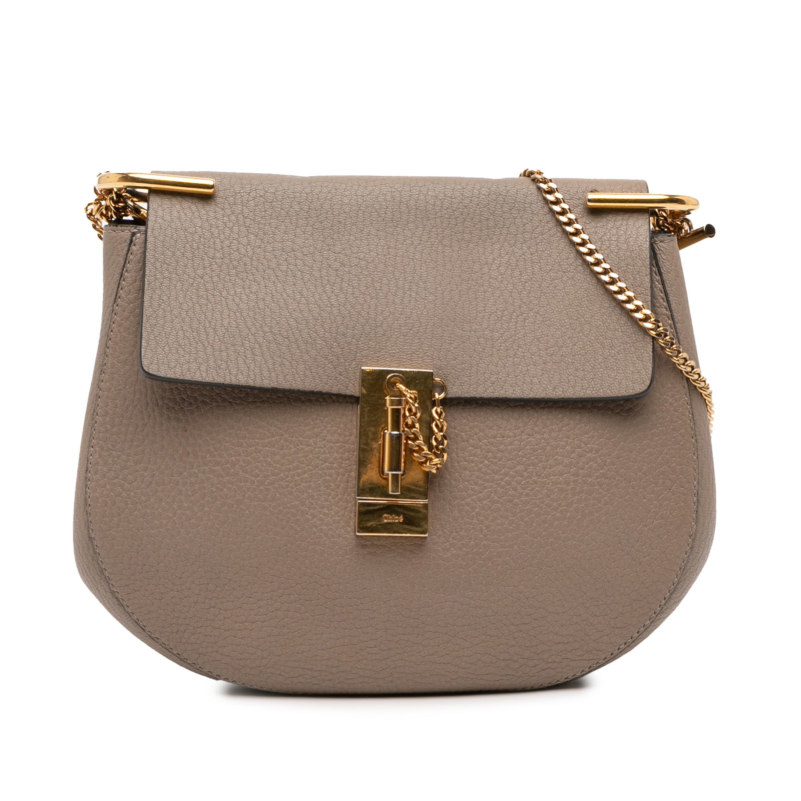Chloe Drew Small Brown Leather Crossbody Bag with Gold Chain Strap: Chloe Drew Small Brown Leather Crossbody Bag with Gold Chain Strap This Chloe Small Leather Drew Crossbody features a brown leather body with a gold toned chain strap, a top flap with a pin-lock closu